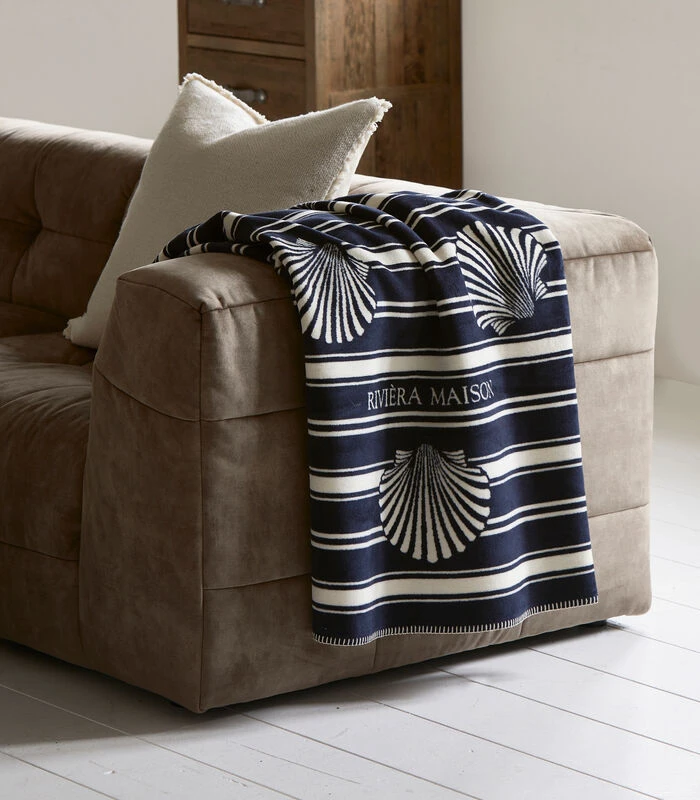 Plaid, Deken Gestreept Schelp - Shoreline - Donkerblauw - 170x130 CM 4 Plaid, Deken Gestreept Schelp - Shoreline - Donkerblauw - 170x130 CM - Afbeelding 2