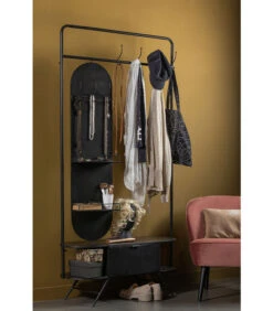 WOOOD Rink Kapstok Met Spiegel - Metaal - Zwart - 188x99x34 -Huisdecoratie 6c7e0cde93f34ea5b924ca5f7a16af6f