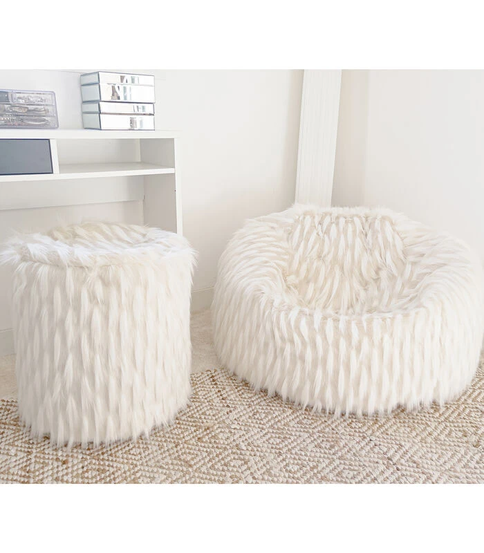 Poef In Wit Imitatiebont 4 Poef In Wit Imitatiebont - Afbeelding 2